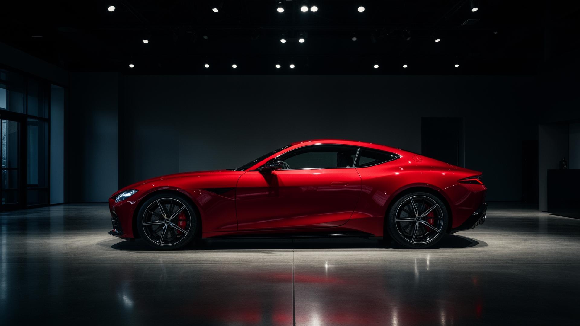 Red luxury sports coupe in a dark showroom